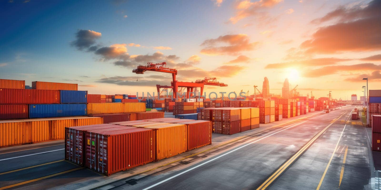 System transportation and logistics concept Top-down photography of industrial containers being loaded in a logistics port by Generative AI by wichayada