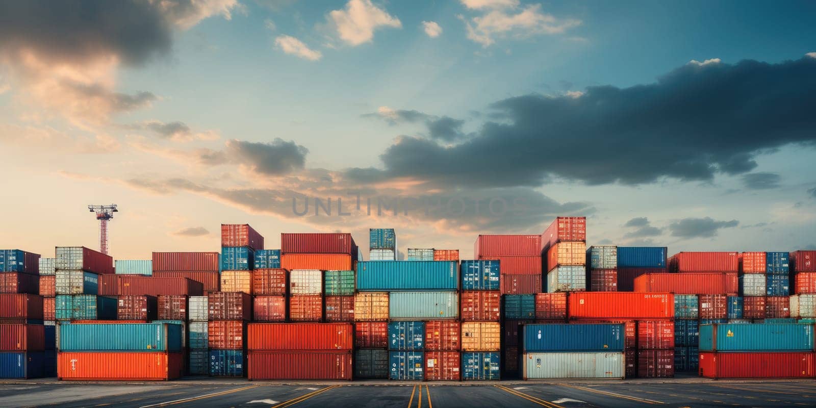 System transportation and logistics concept Top-down photography of industrial containers being loaded in a logistics port by Generative AI by wichayada