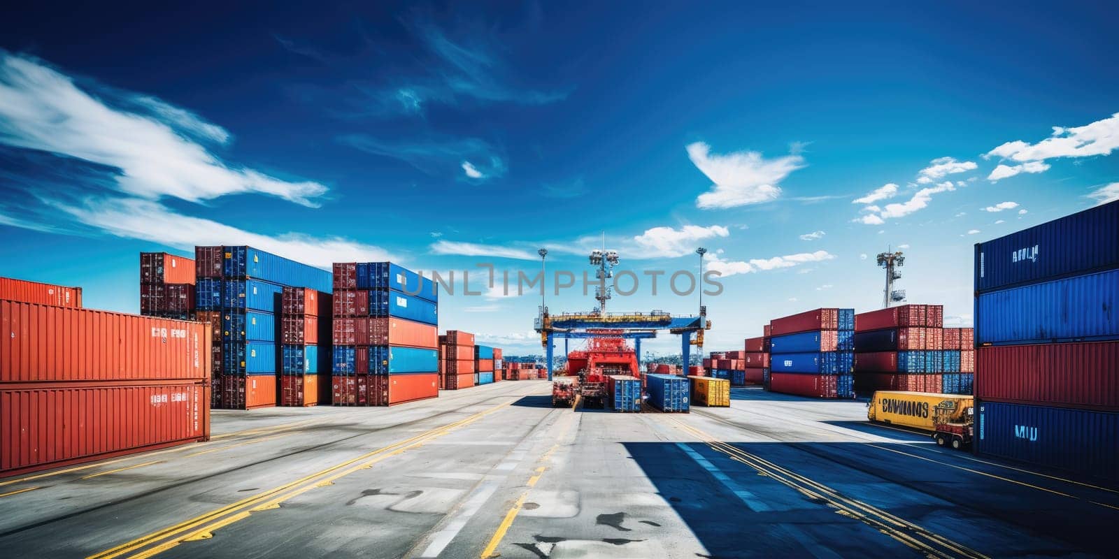 System transportation and logistics concept Top-down photography of industrial containers being loaded in a logistics port by Generative AI.