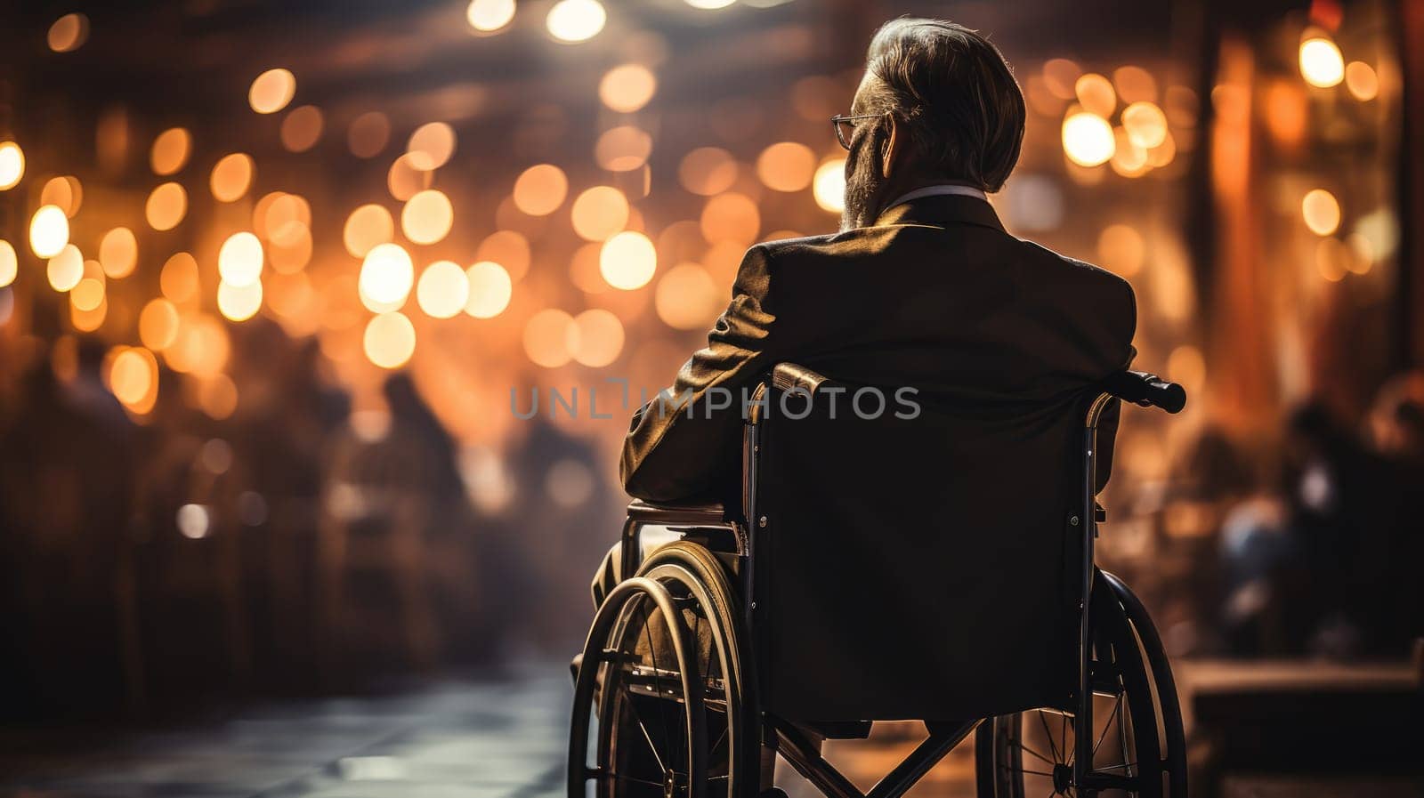 Disability and loneliness. A lonely man in a wheelchair on the background of the city landscape