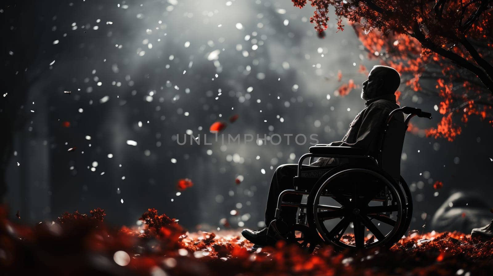 Disability and loneliness. A lonely man in a wheelchair on an autumn evening on the background of the city landscape