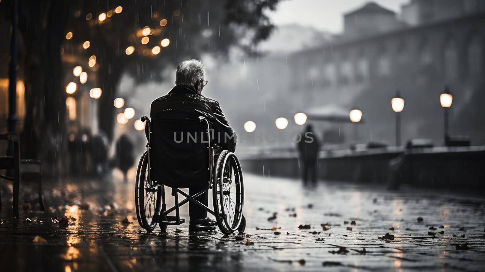 Disability and loneliness..A lonely man in a wheelchair on an autumn evening on the background of the city landscape