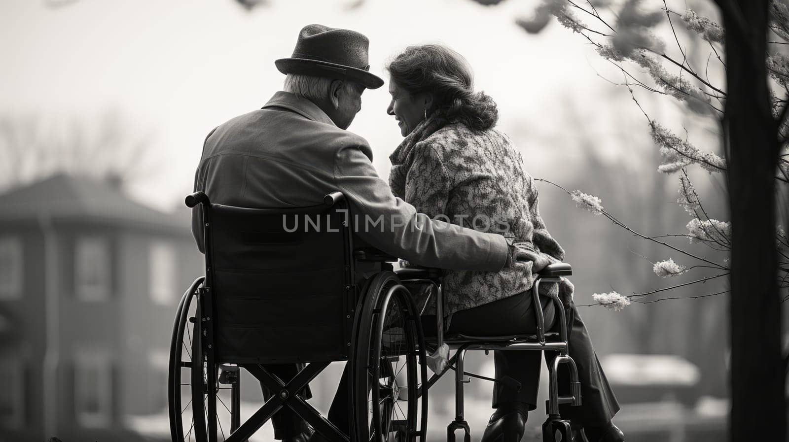 Loving couple in wheelchairs. A man and a woman on wheelchairs enjoy each others company and fellowship