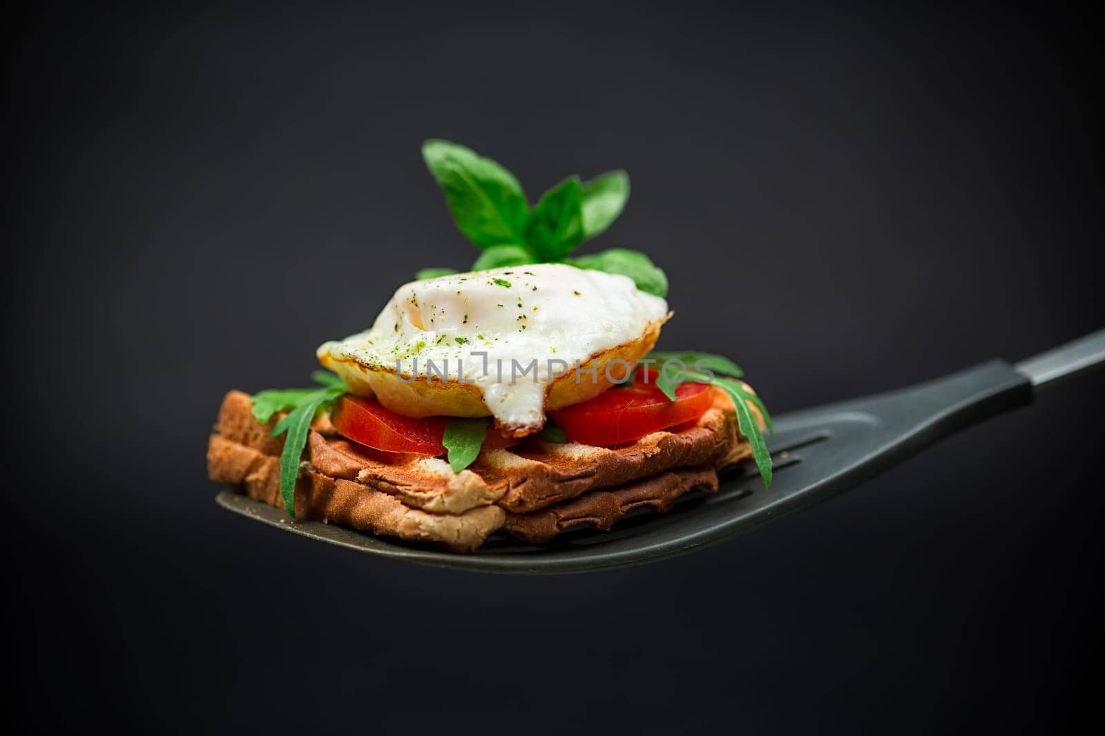 Prepared toast sandwich with fried egg with spices and herbs on a kitchen spatula.