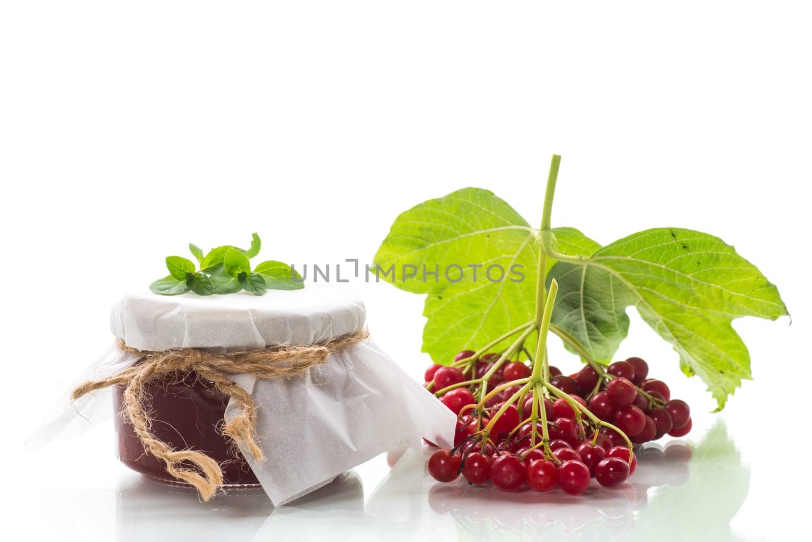 viburnum jam in a glass jar and fresh red viburnum isolated on a white background.