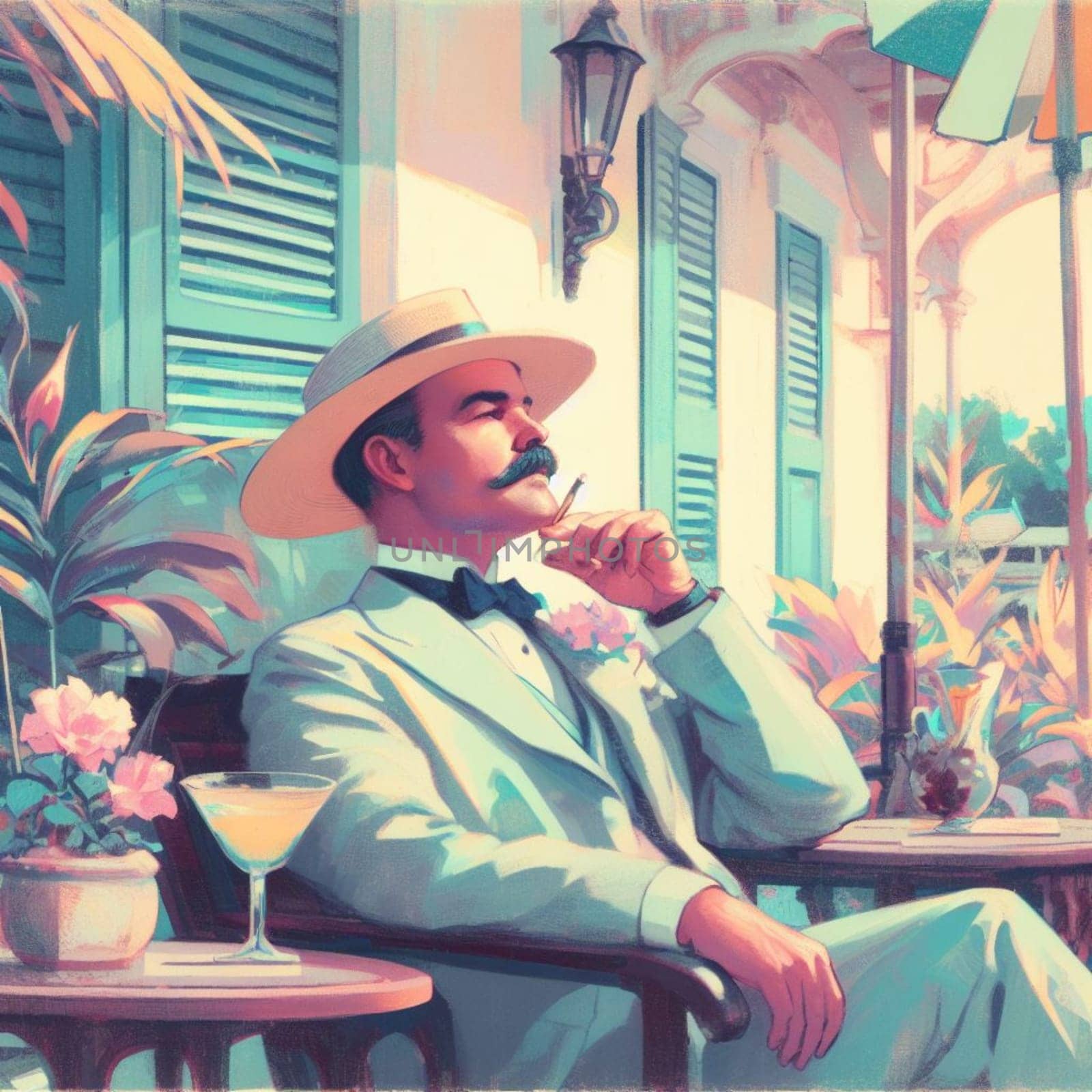 portrait of famous writer spy illustration drinking his cocktail in key west, florida generative ai art