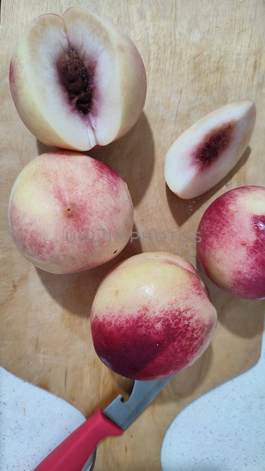 fresh peaches fruit food on kitchen board, dessert. High quality photo