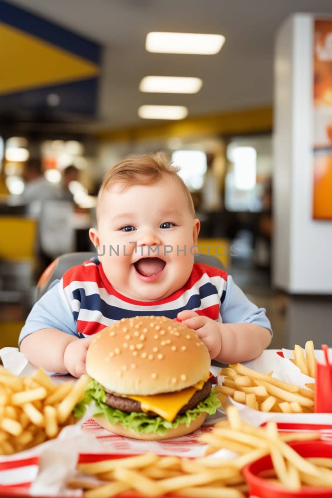 obese boy girl eating fast food , hamburger, french fries - unhealthy eating concept illustration by verbano