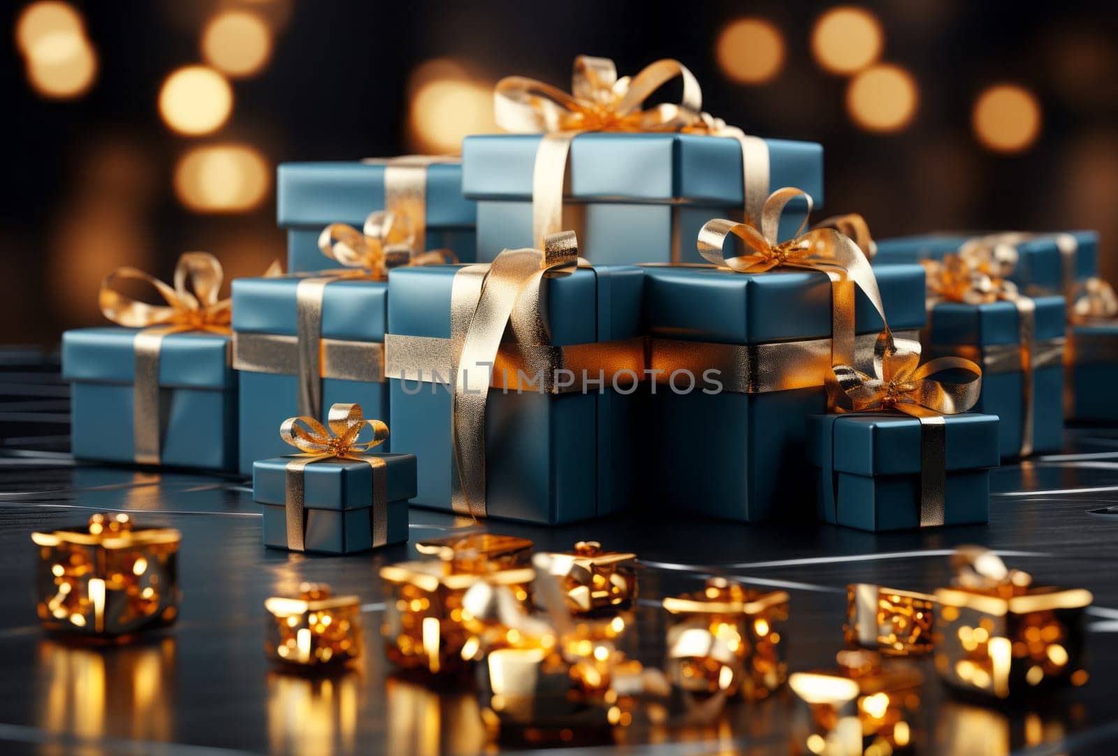 A breathtaking holiday scene with lgift boxes with gold ribbons and golden bokeh creates an enchanting atmosphere of celebration and joy. Boxing Day.
