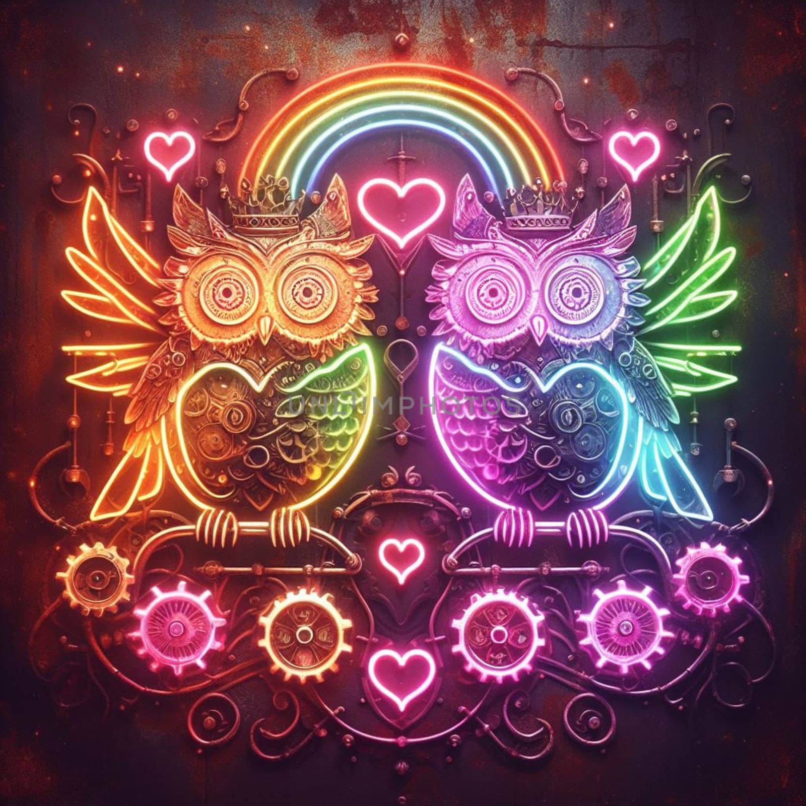 steampunk owls in love neon sign amor valentines concept rusty background by verbano