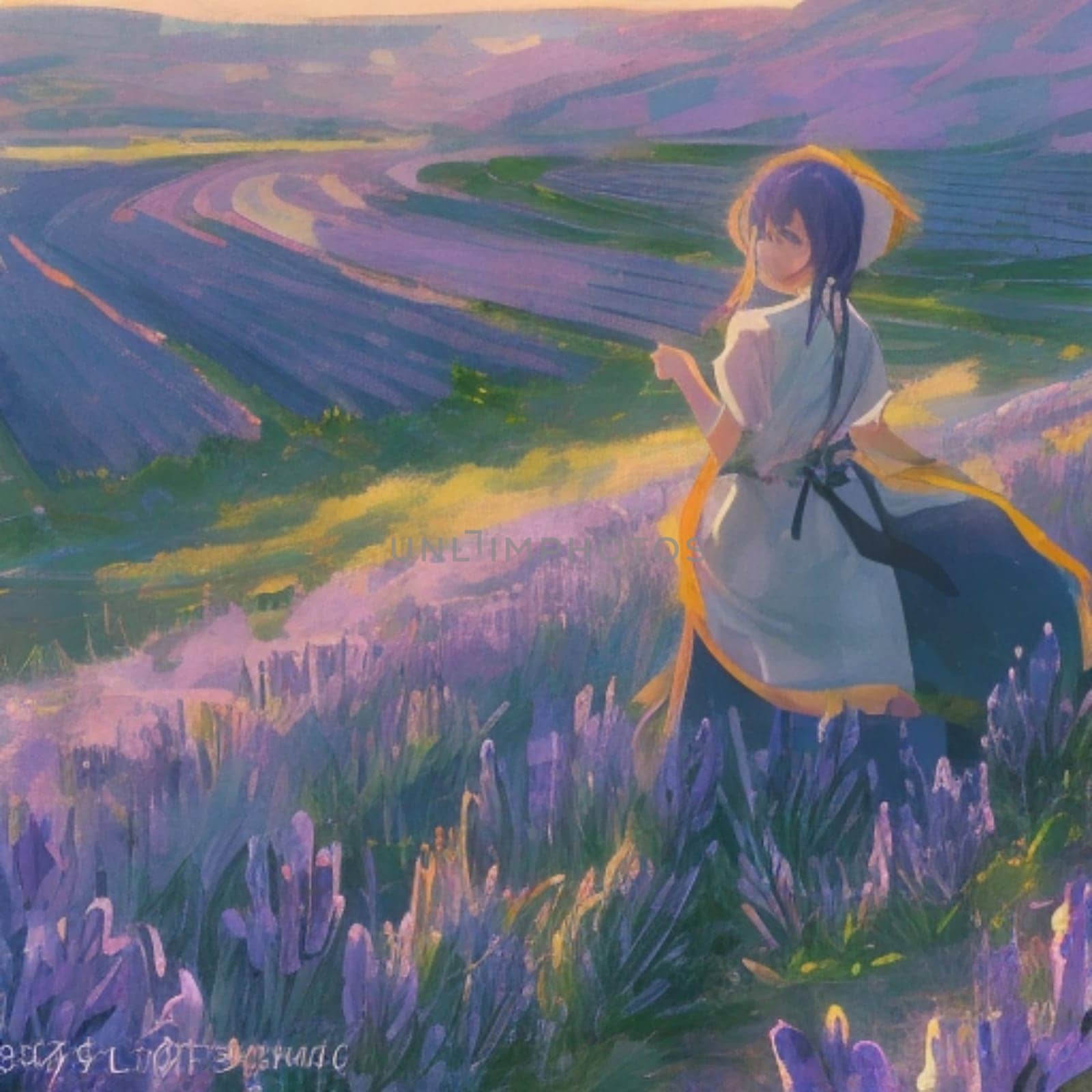 female farmer standing in a lavender blossom field wearing salopette jeans smiling illustration by verbano