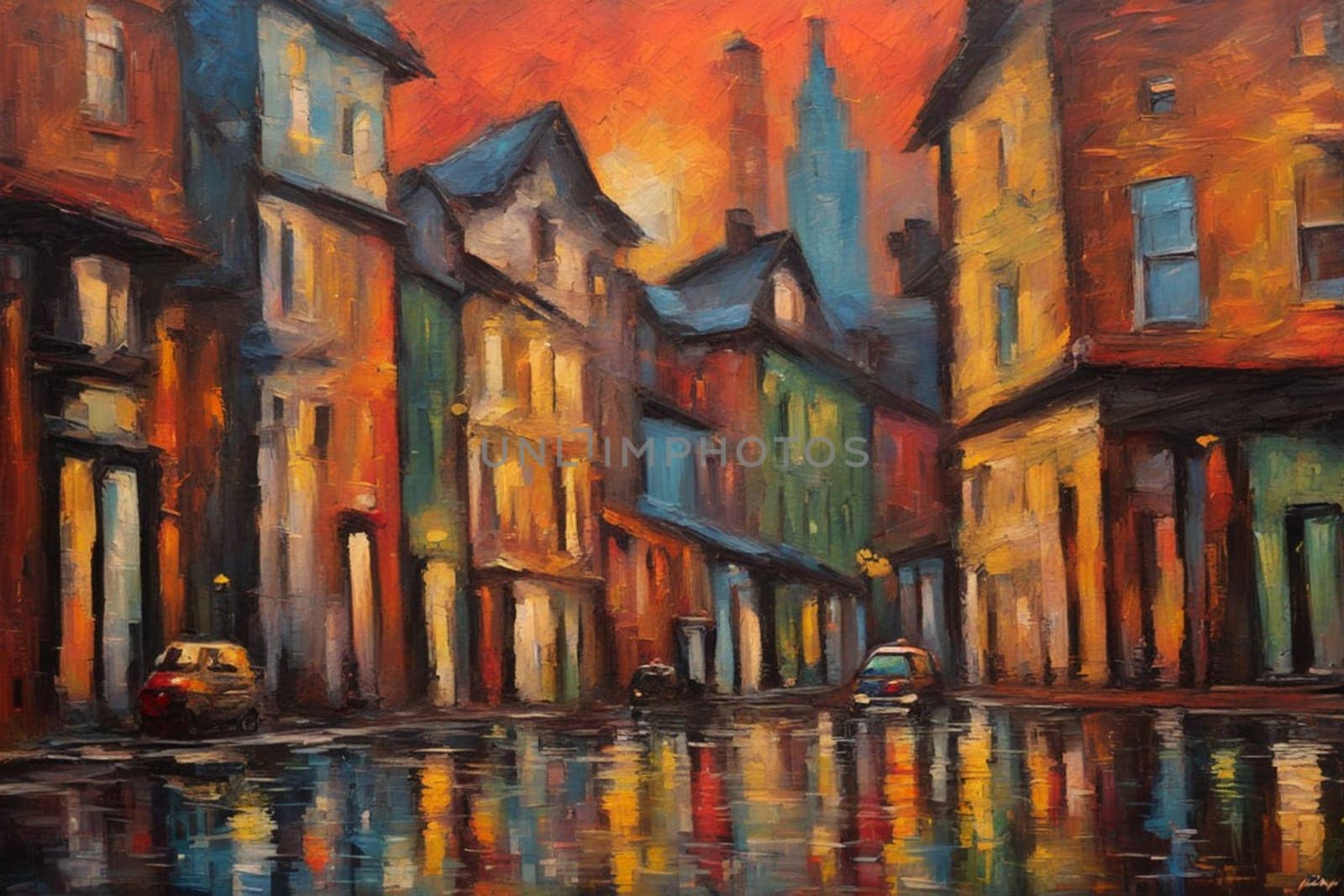 colorful painting illustration of a european city at sunset under rain and mist, people walking by verbano