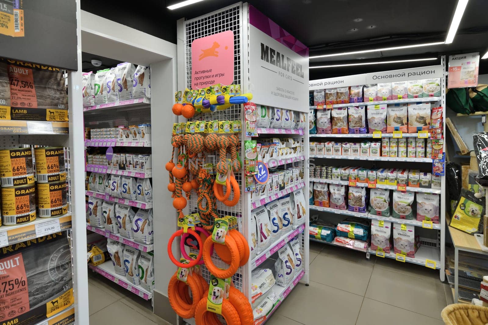 Moscow, Russia - Oct 18. 2023. Interior of the Four paws pet store at Zelenograd