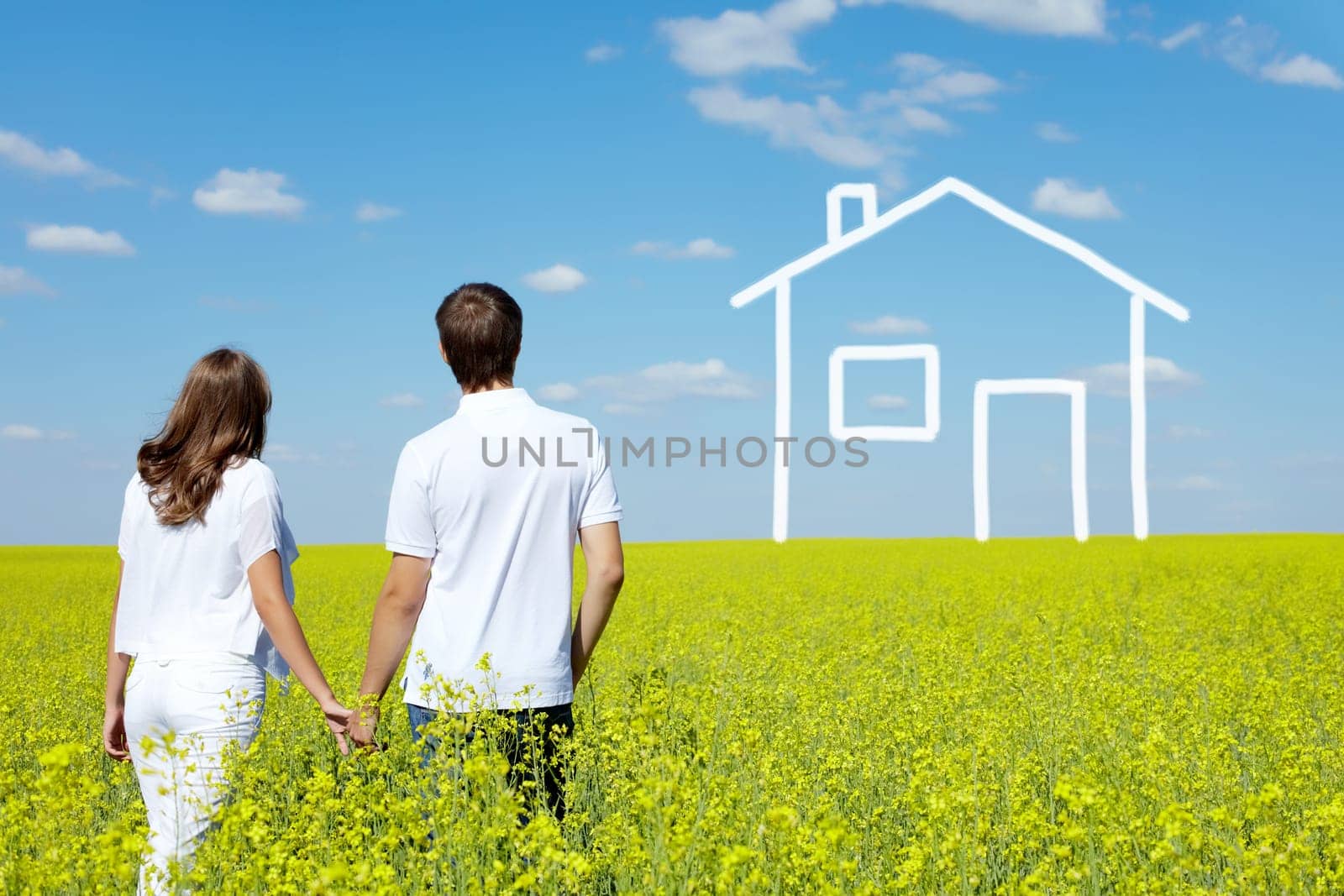 Back view of amorous couple in yellow meadow looking at drawn house