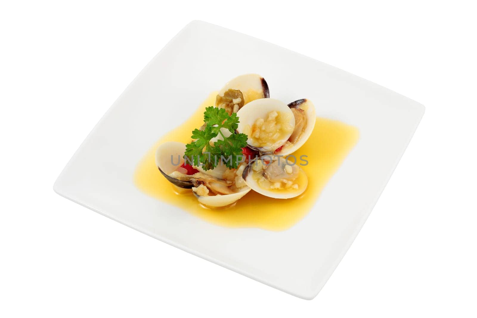 dish of clams in wine sauce and olive oil with chopped parsley and garlic pepper onion cut off and isolated