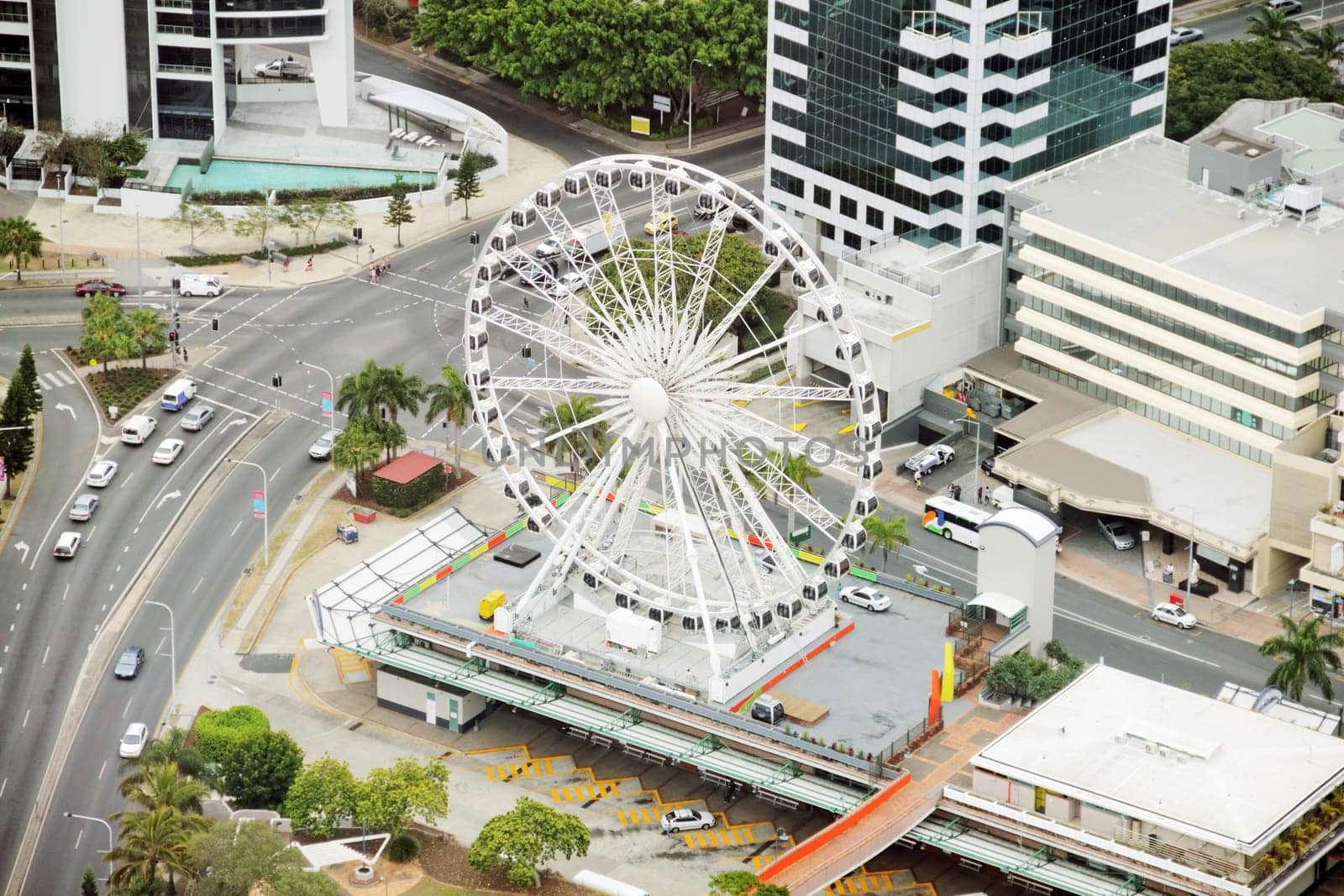 The 60 meter ferris wheel on top of the Transit Centre in Surfers Paradise, Gold Coast, Queensland Australia.