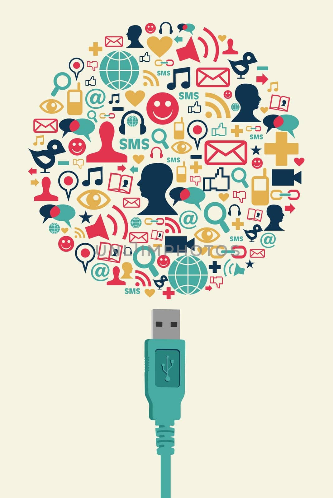 Single USB plug connects a globe made with social media icons on cream background. Vector file available.