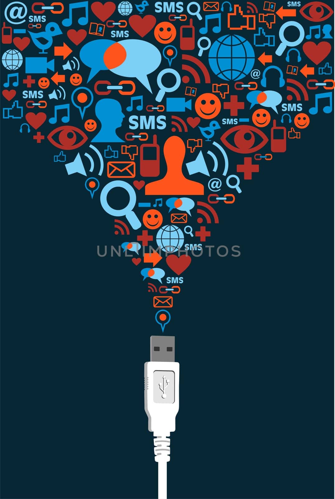 Social media icons set splash from USB wire. Vector file available.
