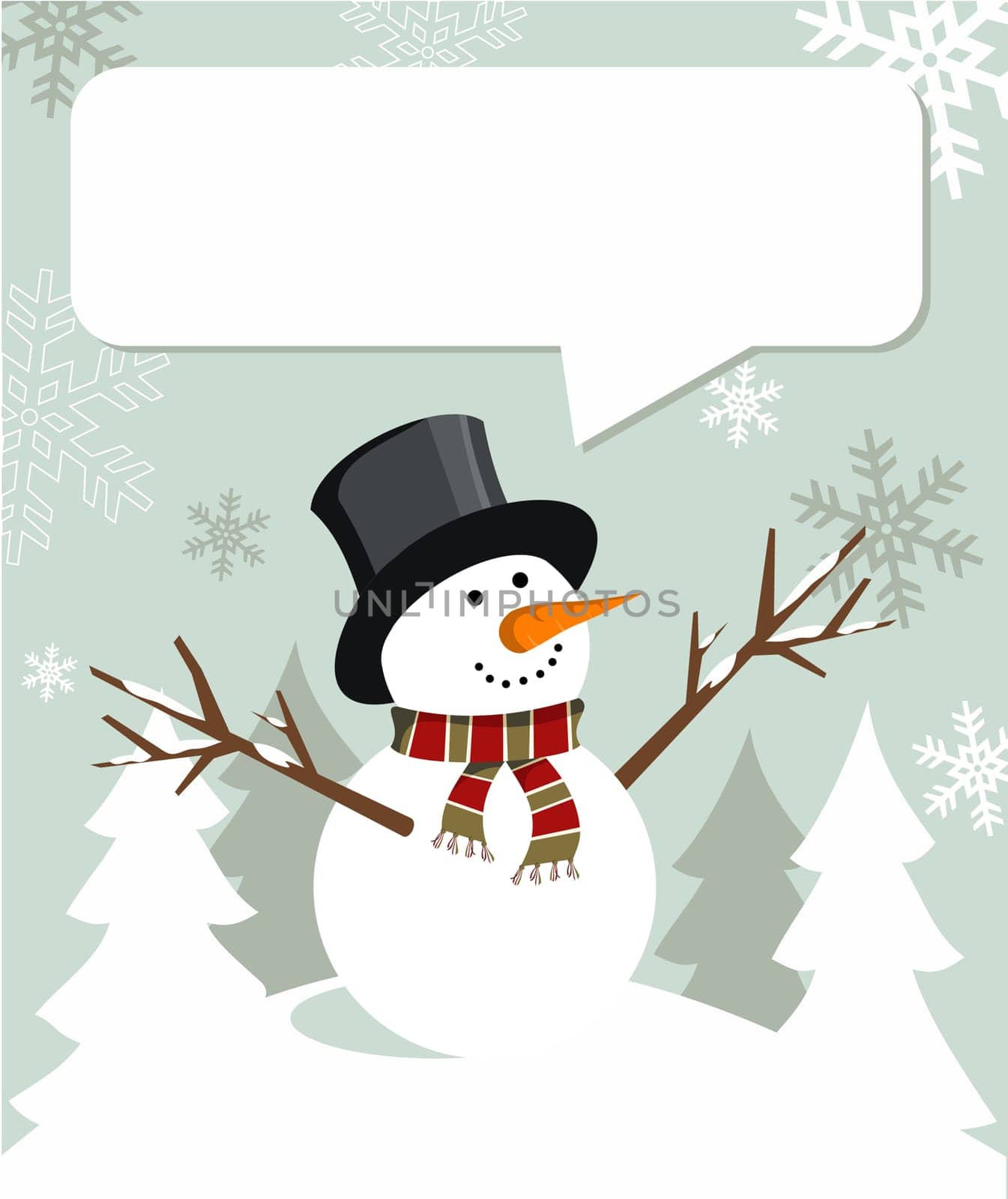 Snowman illustration wearing hat and scarf with dialogue balloon on snowy background.  Vector file available.