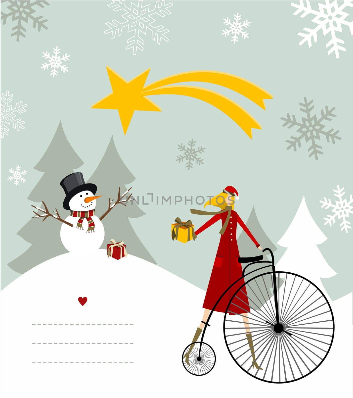 Snowman with star and gift on a bicycle illustration with blank lines to write on snowy background. Vector file available.