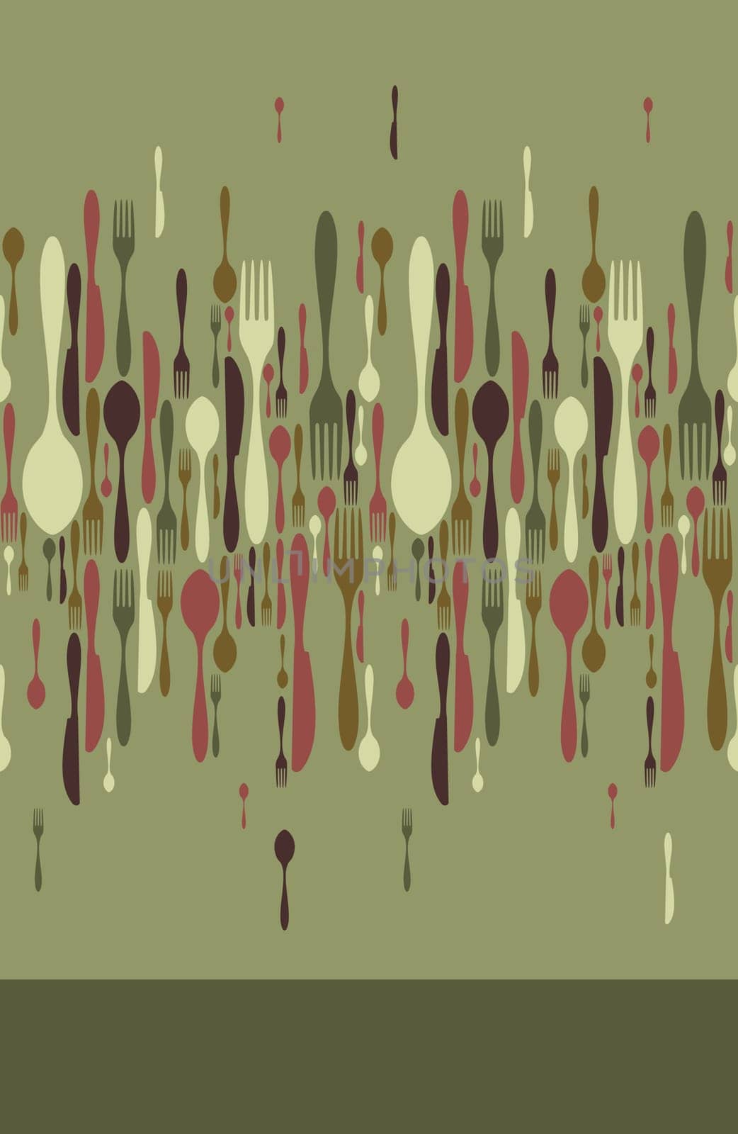 Cutlery icons seamless pattern background. Fork, knife and spoon silhouettes on different sizes and colors. Vector available.