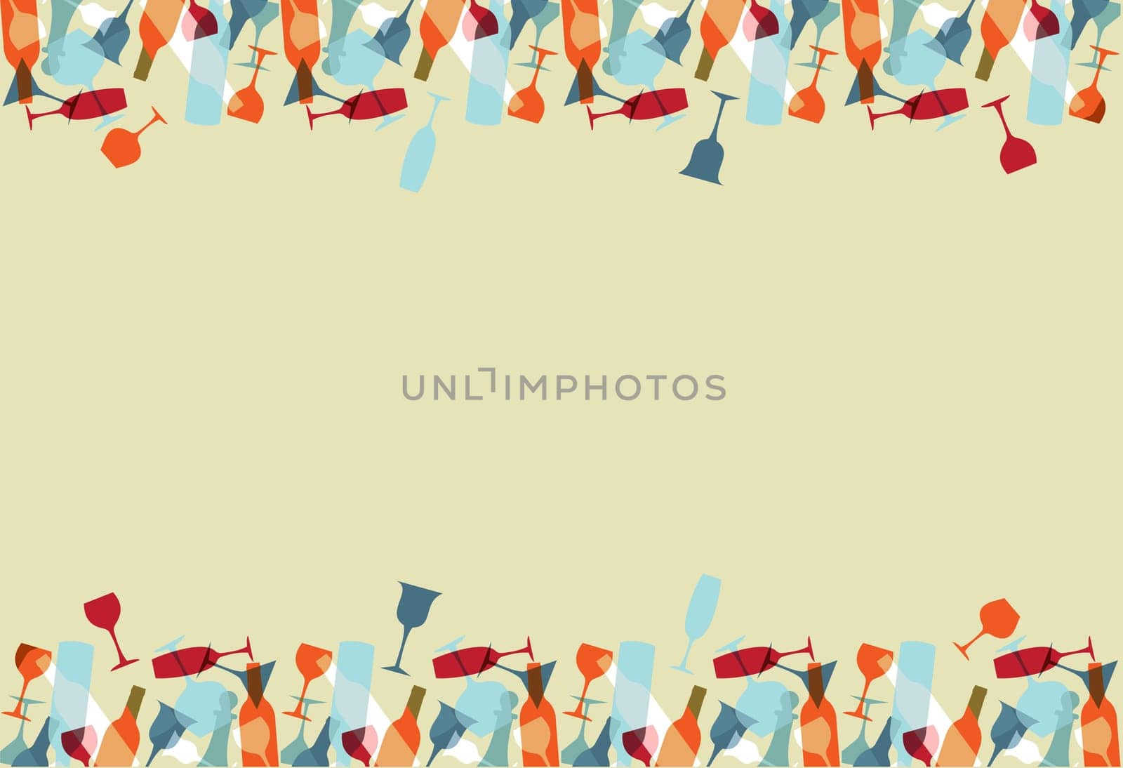 Colorful transparent beverage glasses and bottles vector texture background.