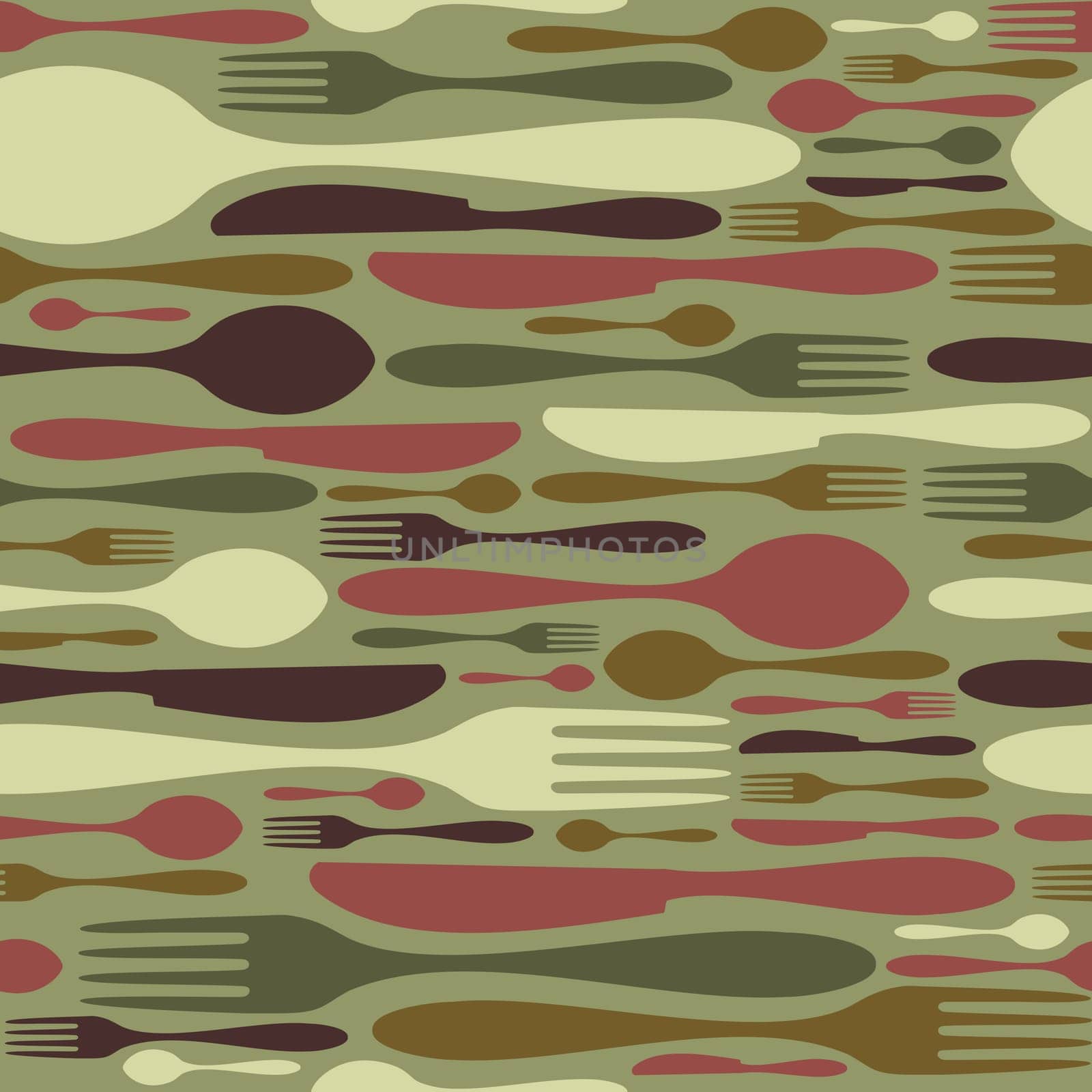 Cutlery icons seamless pattern background. Fork, knife and spoon silhouettes on different sizes and colors. Vector available.