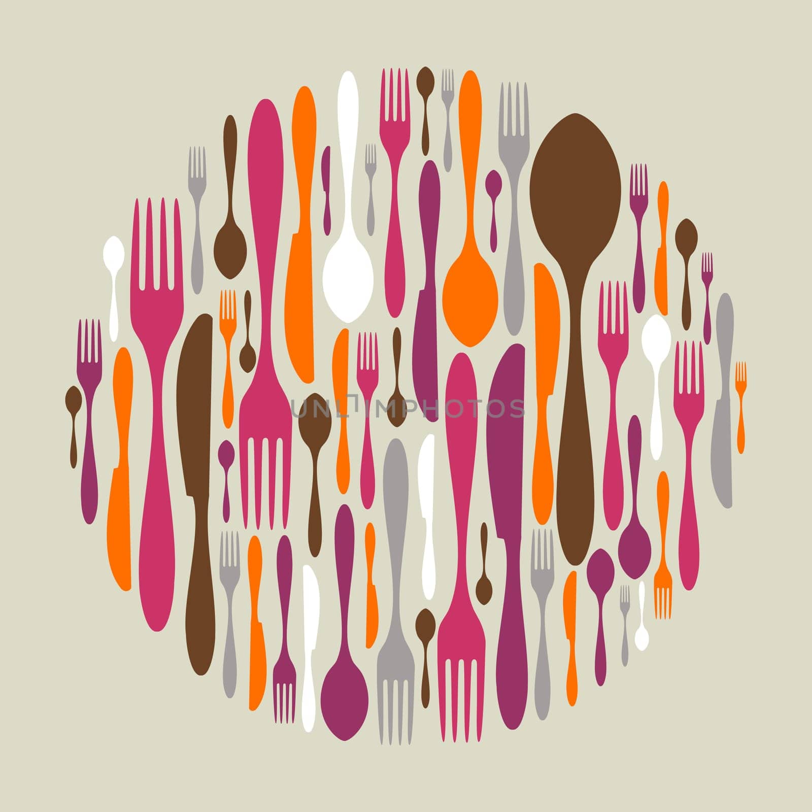 Circle shape made of cutlery icons. Fork, knife and spoon silhouettes. Vector avaliable