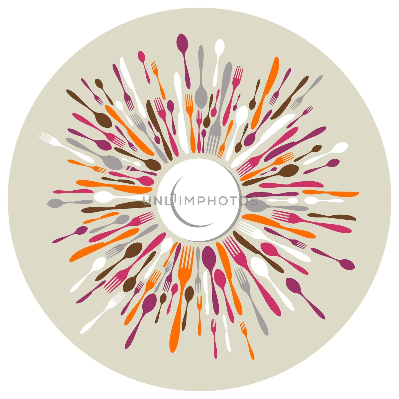 Circle restaurant background. Fork, knife and spoon silhouettes on different sizes and colors around white dish. Vector available