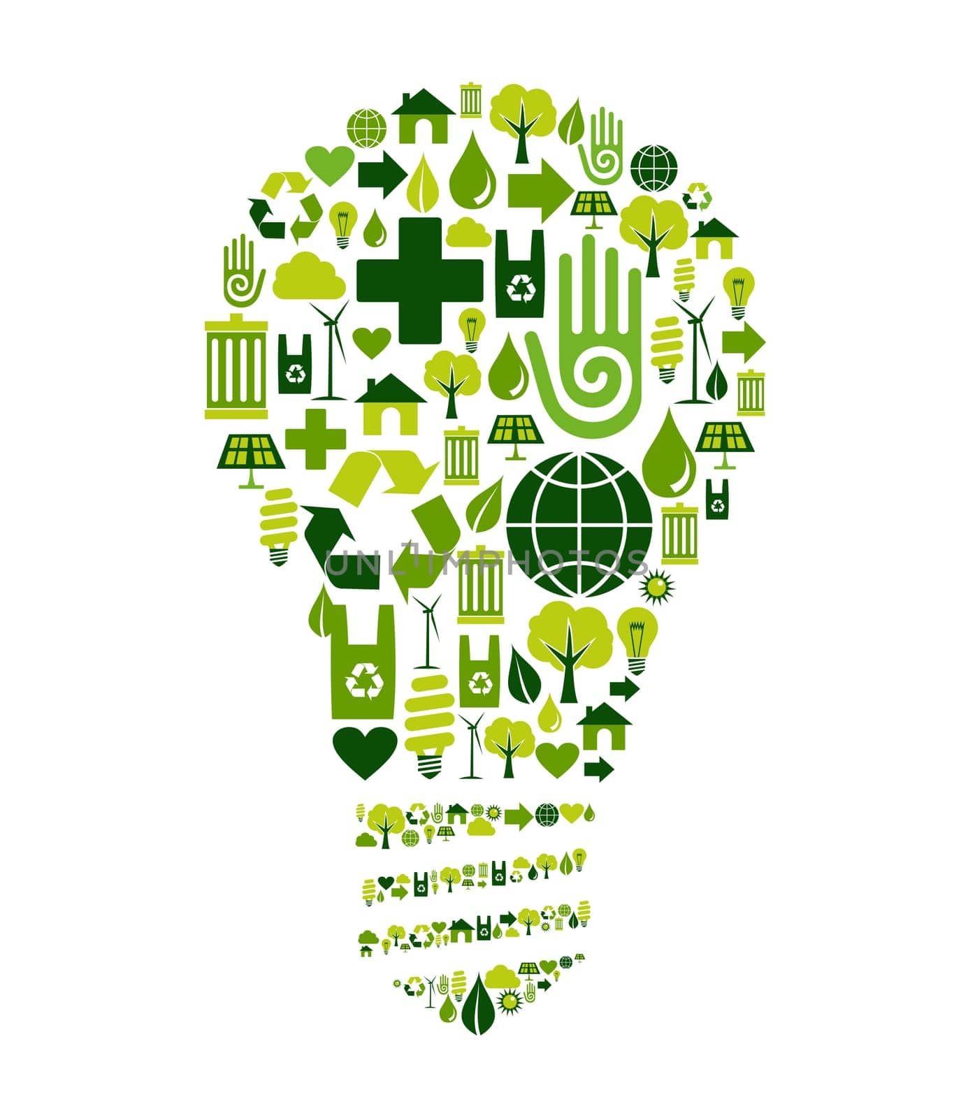 Green bulb silhouette made with environmental icons set.