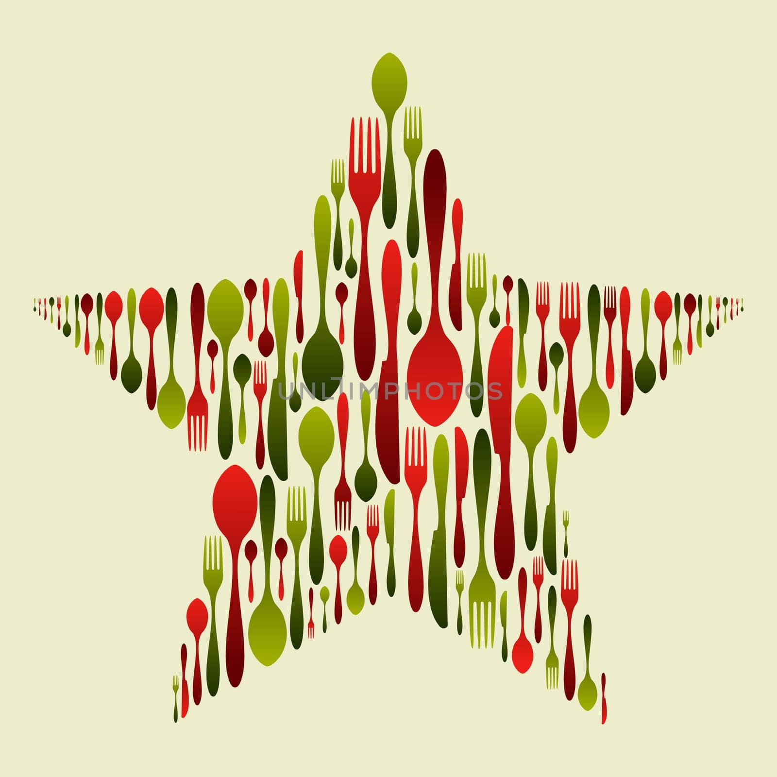 Christmas star with multicolored cutlery set. Fork, spoon and knife pattern forming a star. Usable as invitation card. Vector file available.