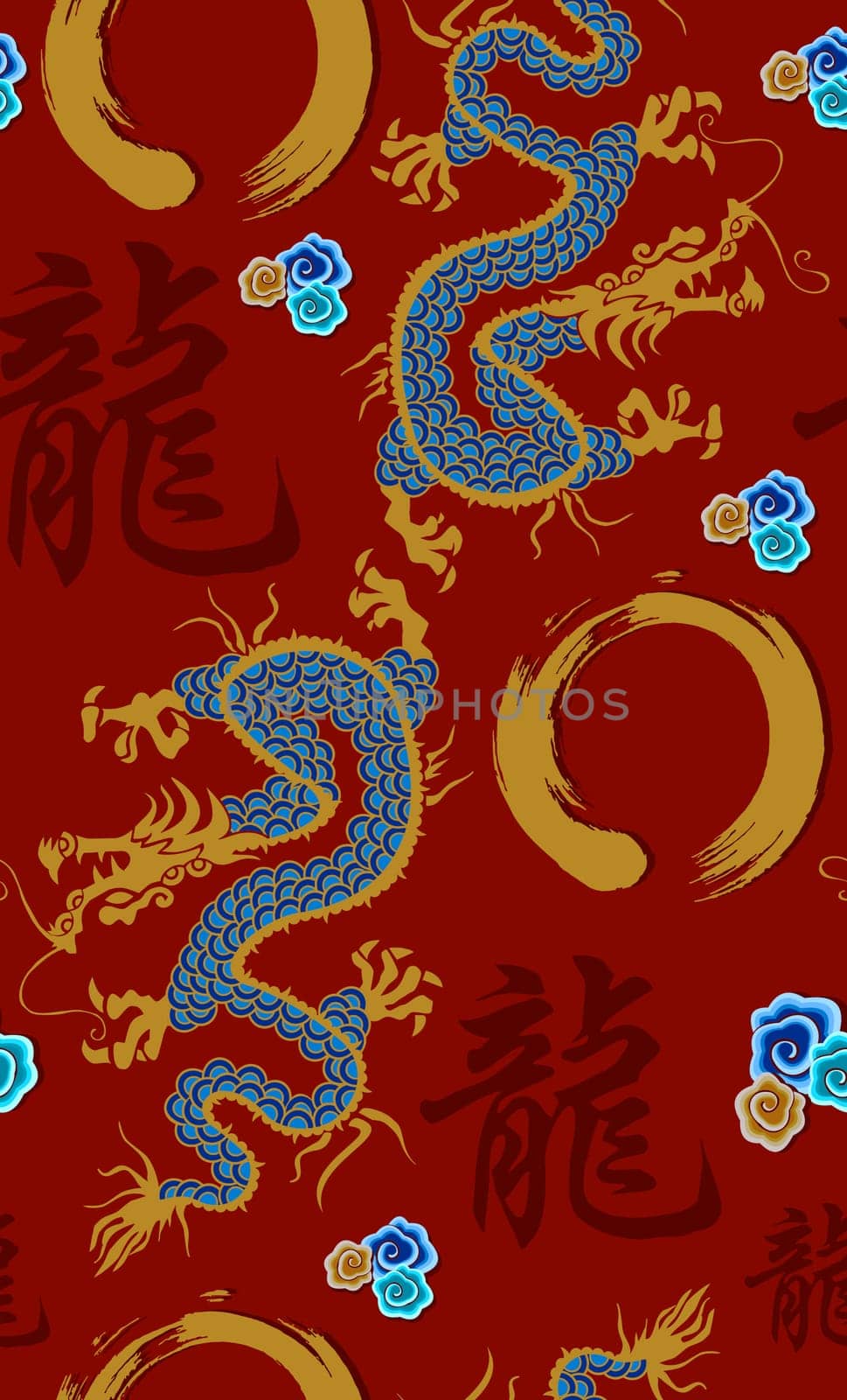 Blue and golden dragon pattern on red background. Vector file available