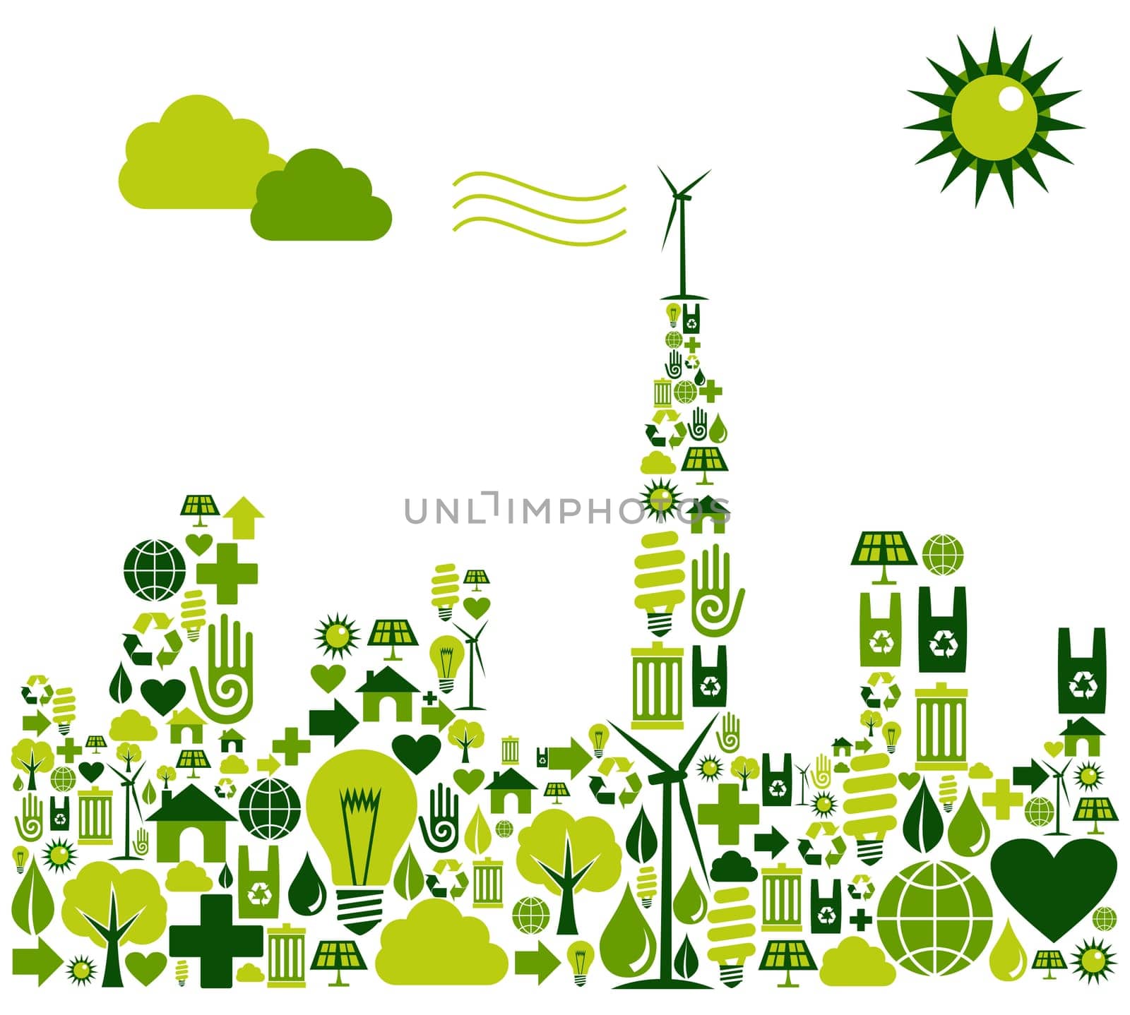 Green city shape made with environmental icons set.