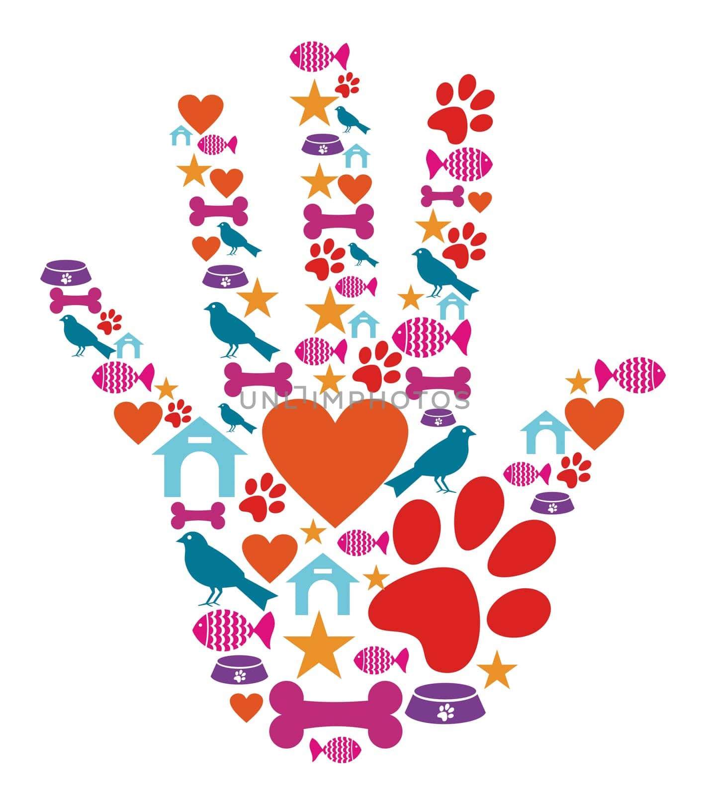 Human hand shape with animal pet protection icons set.
