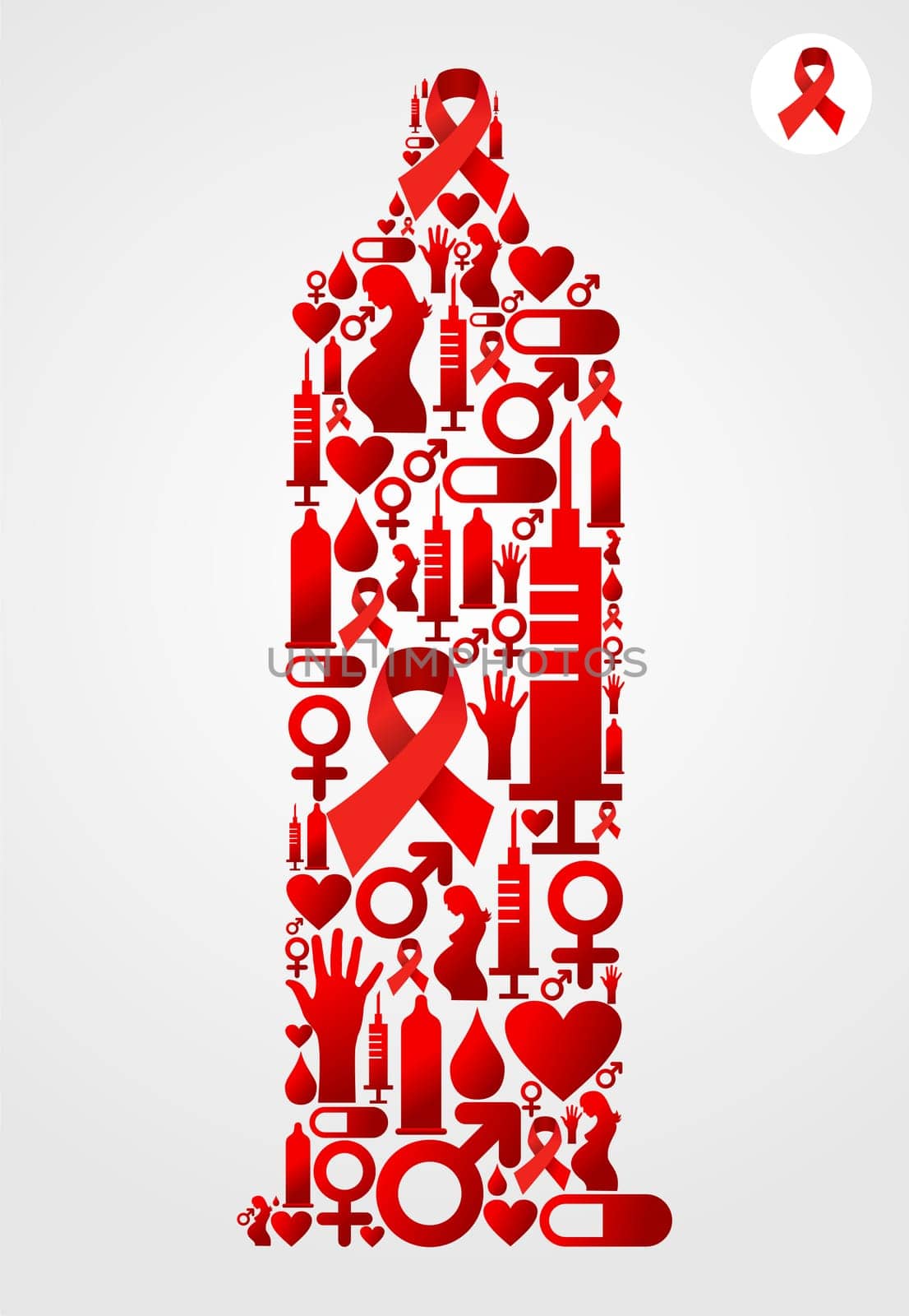 Condom silhouette made with AIDS icons set. Vector file available