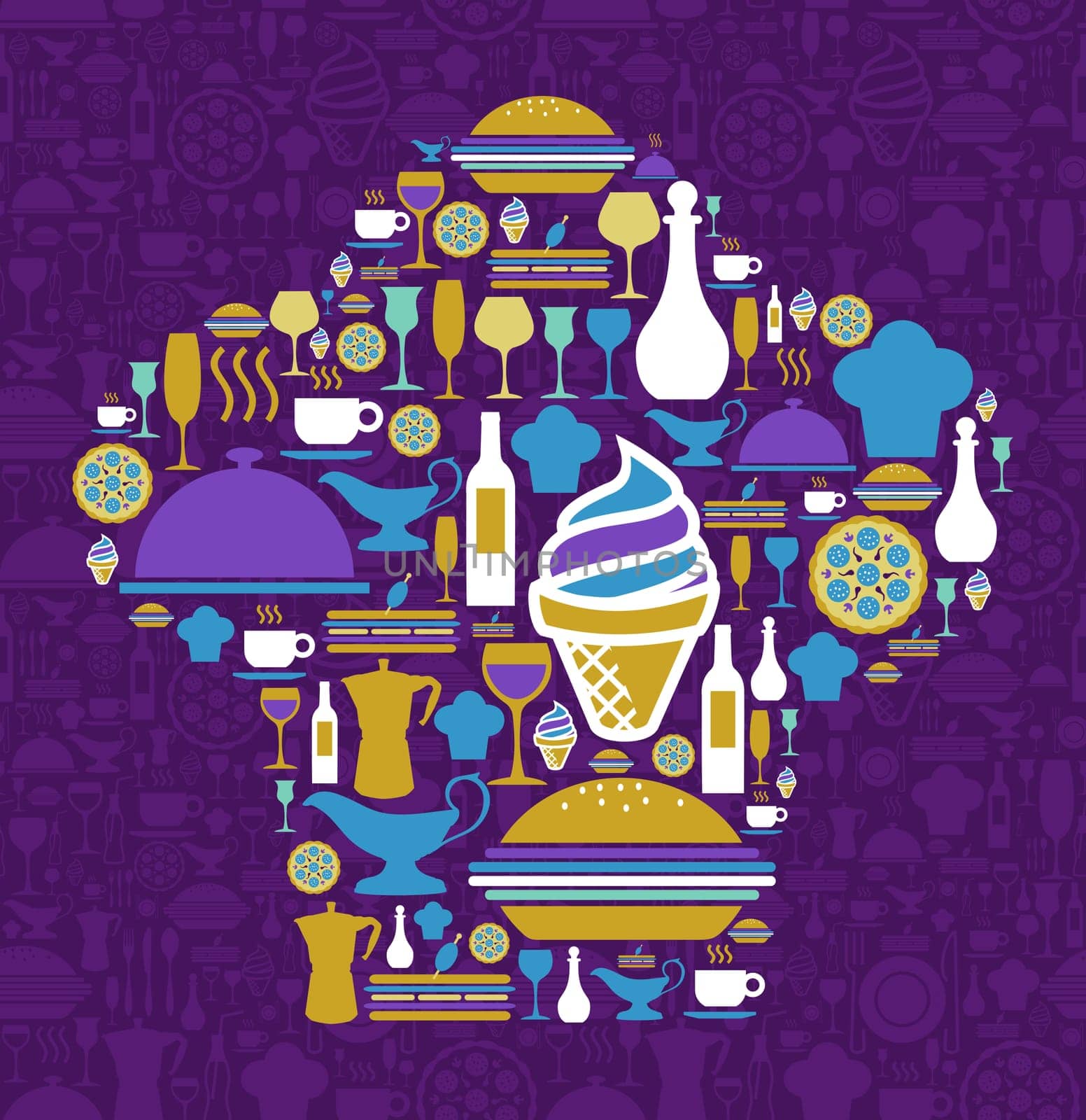 Chef hat shape made with gourmet icon set on violet background. Vector file available.