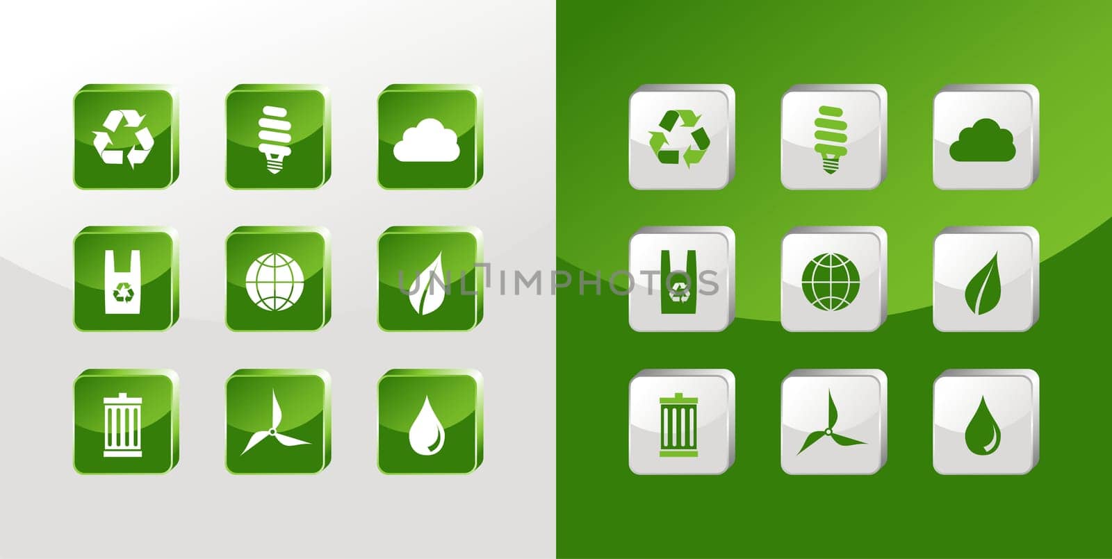 Environment icons glass set over light and dark background. Vector file available