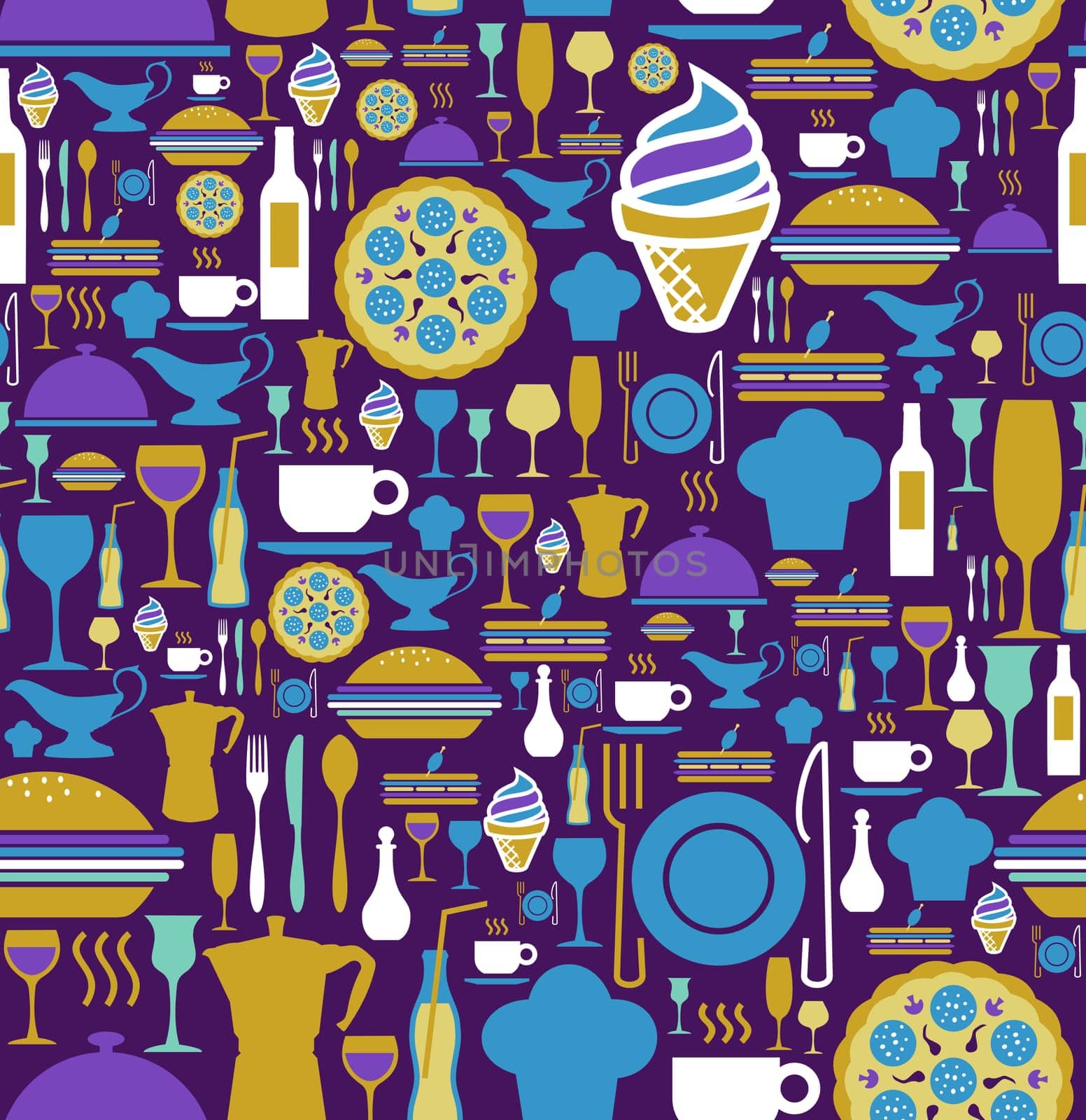 Block colors gourmet icon set seamless pattern background. Vector file available.