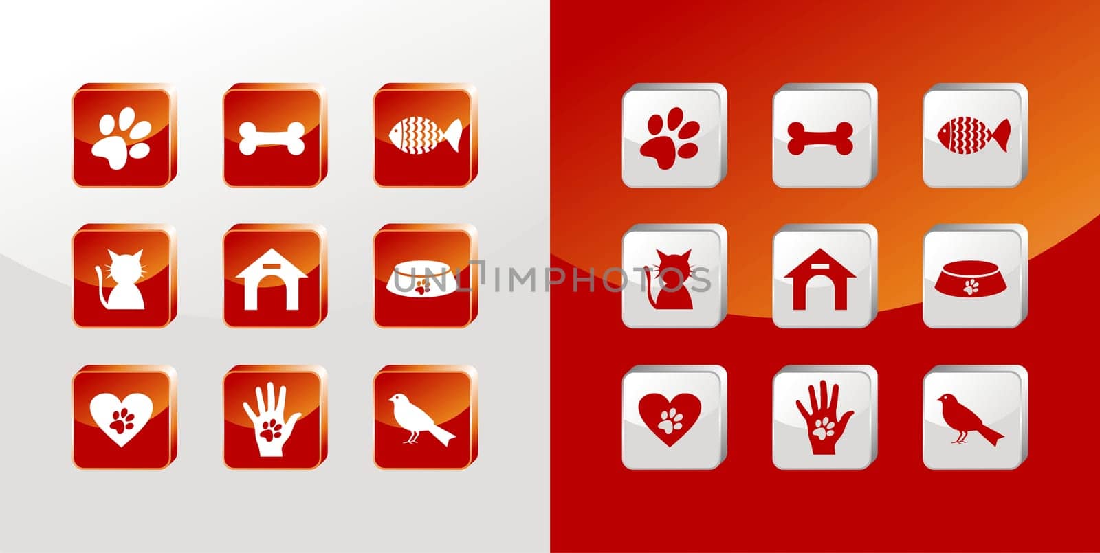Pet care icons glass set over light and dark background. Vector file available