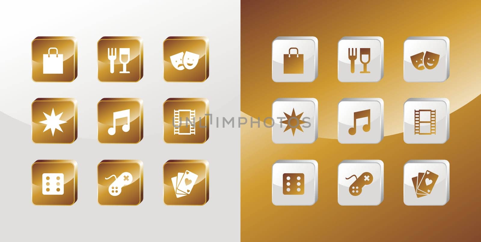 Entertainment icons glossy set over light and dark background. Vector file available