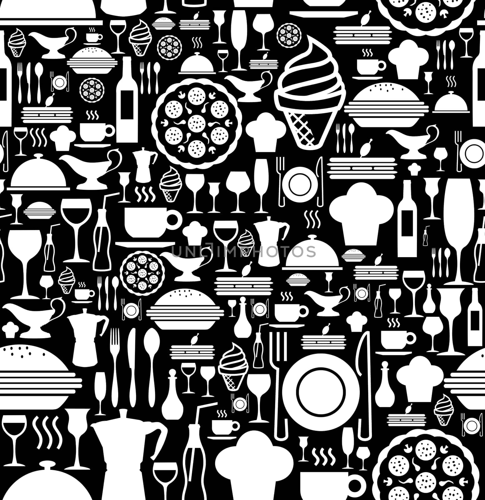 Black and white gourmet icon set seamless pattern background. Vector file available.
