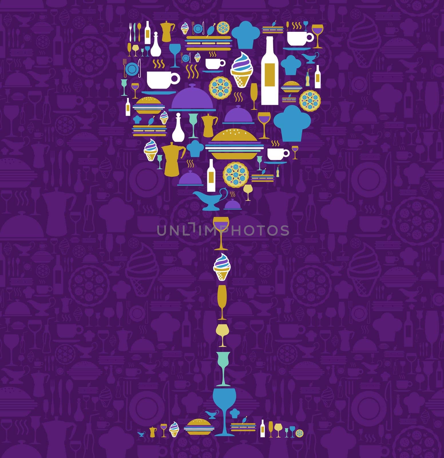 Wine glass shape made with food and beverage icon set over violet background. Vector file available.