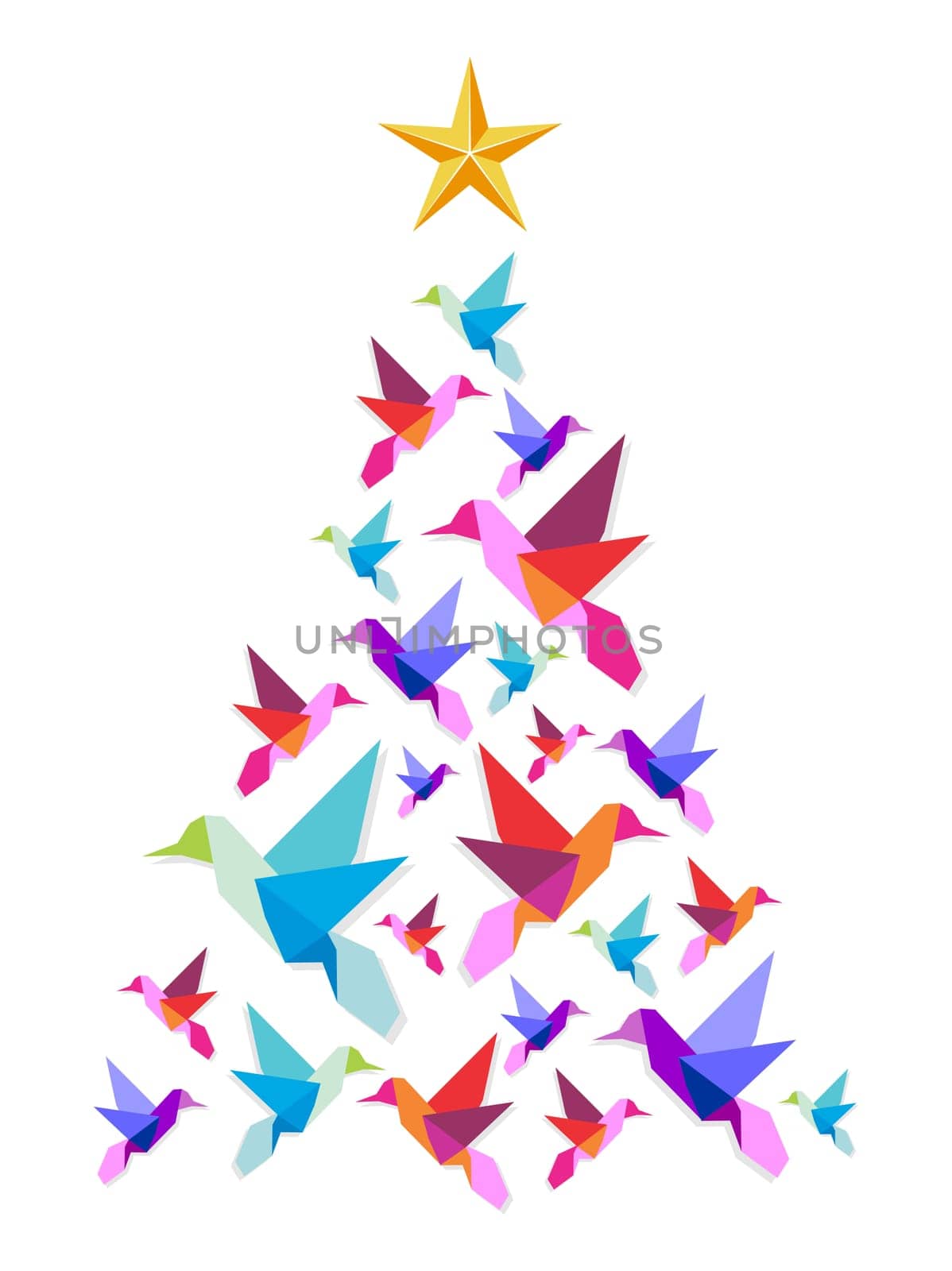 Christmas tree made of multicolored hummingbirds with a star on the top on white background. Vector file available.