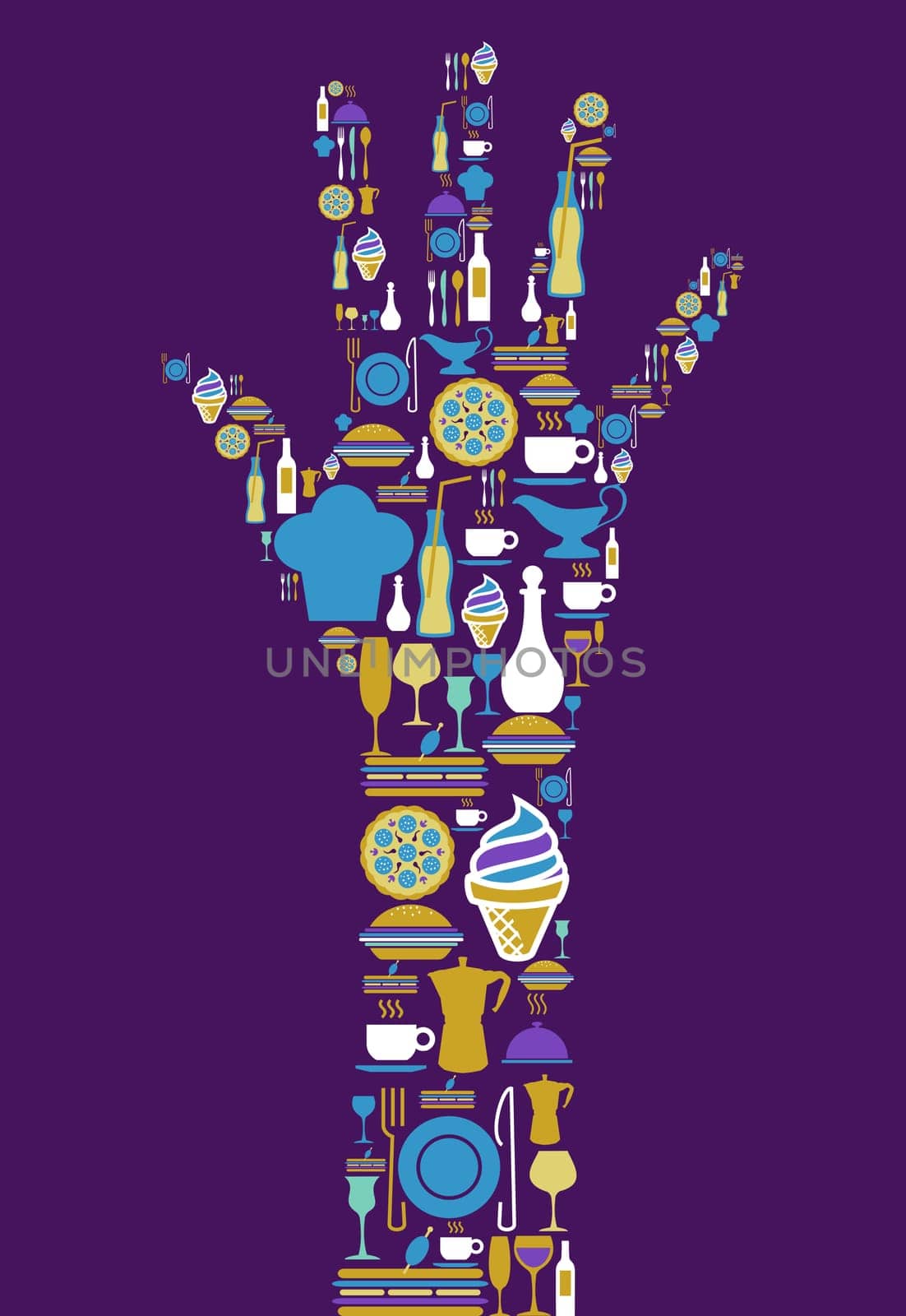Human hand shape made with gourmet icon set on violet background. Vector file available.