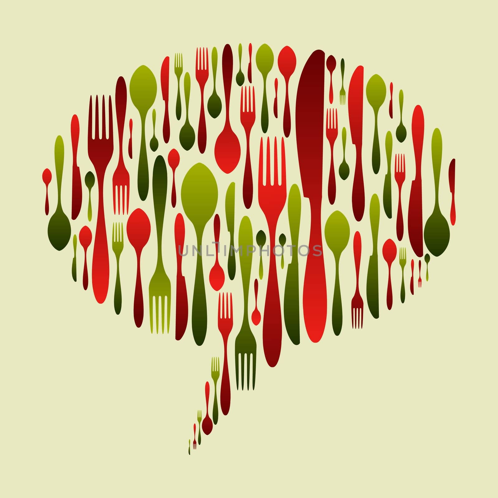 Christmas colors cutlery icon set in bubble shape. Fork, spoon and knife pattern in talking bubble usable as invitation card backgroun. Vector file available.