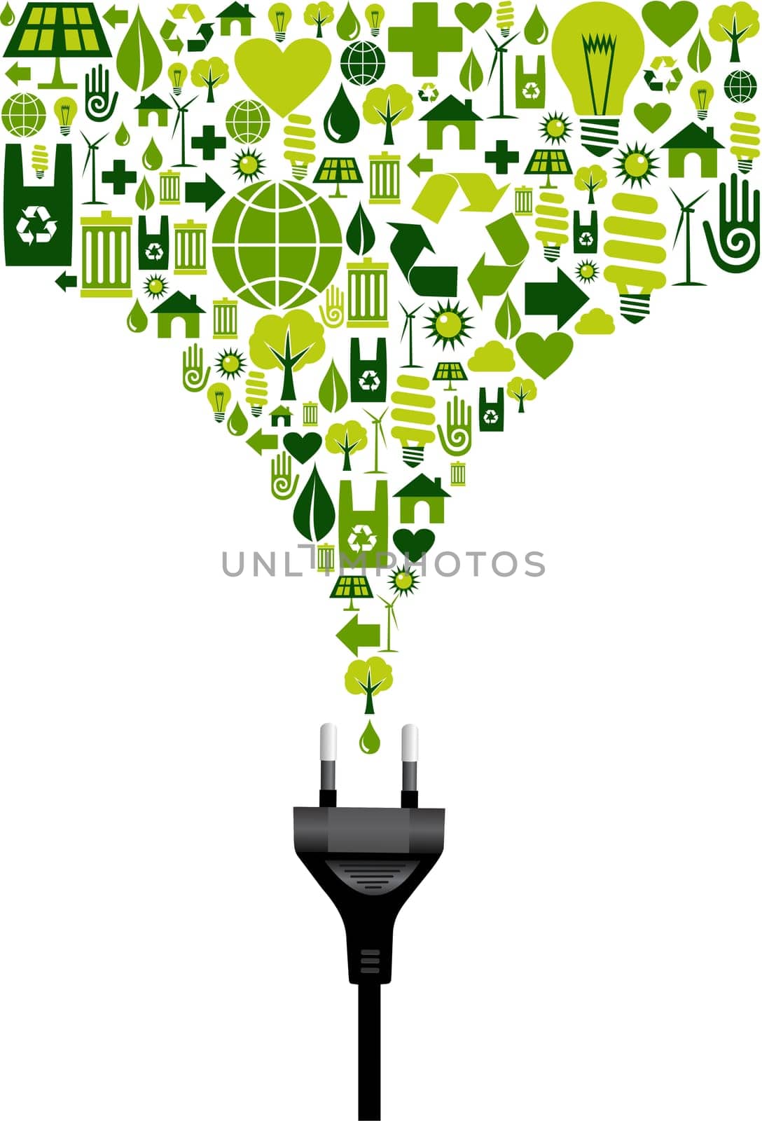 Environmental icons set splash in green from electric power plug wire on white background.  Vector file available.
