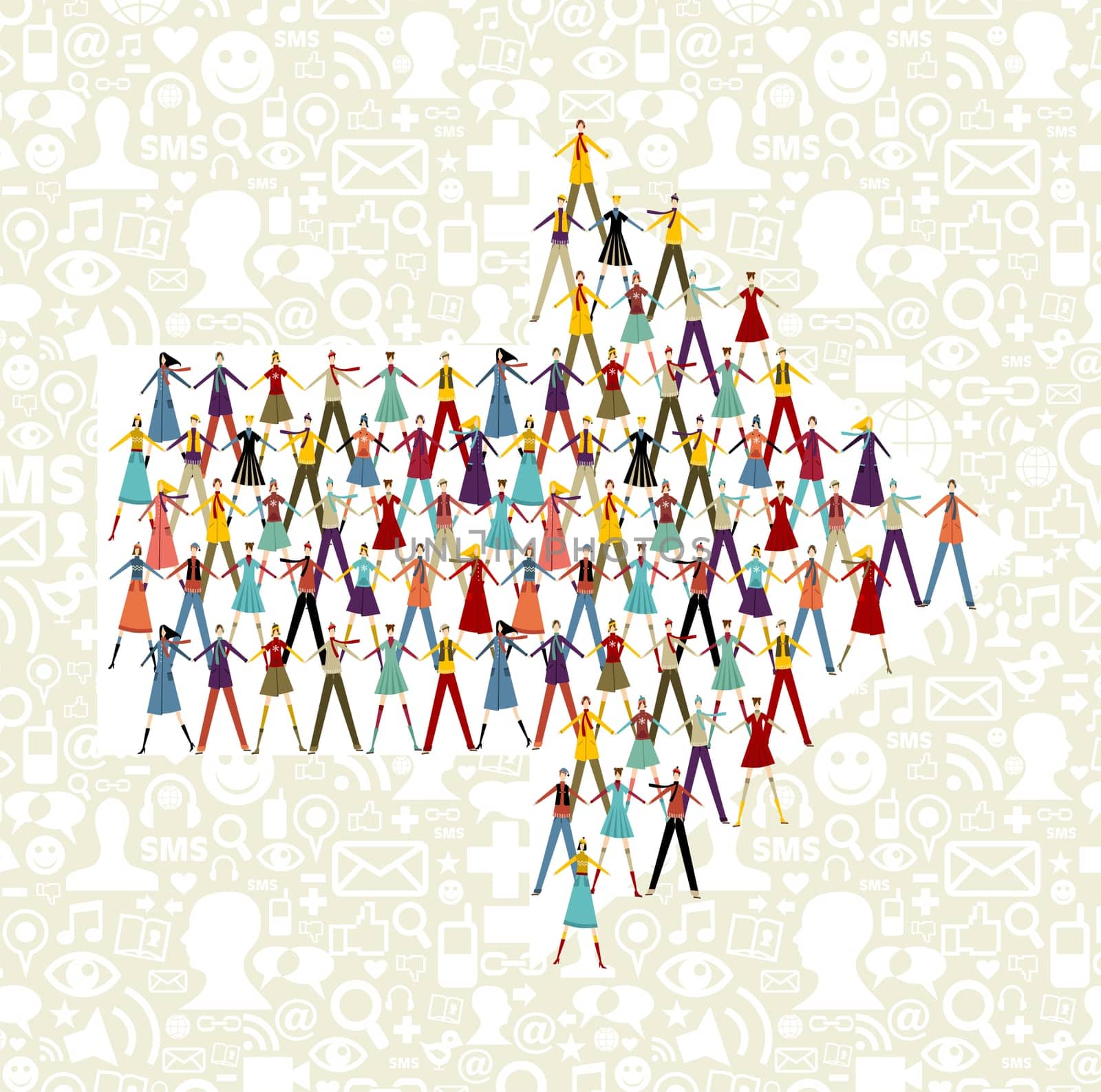 Taked by hands people group in an arrow shape symbol. Social icons set pattern background.