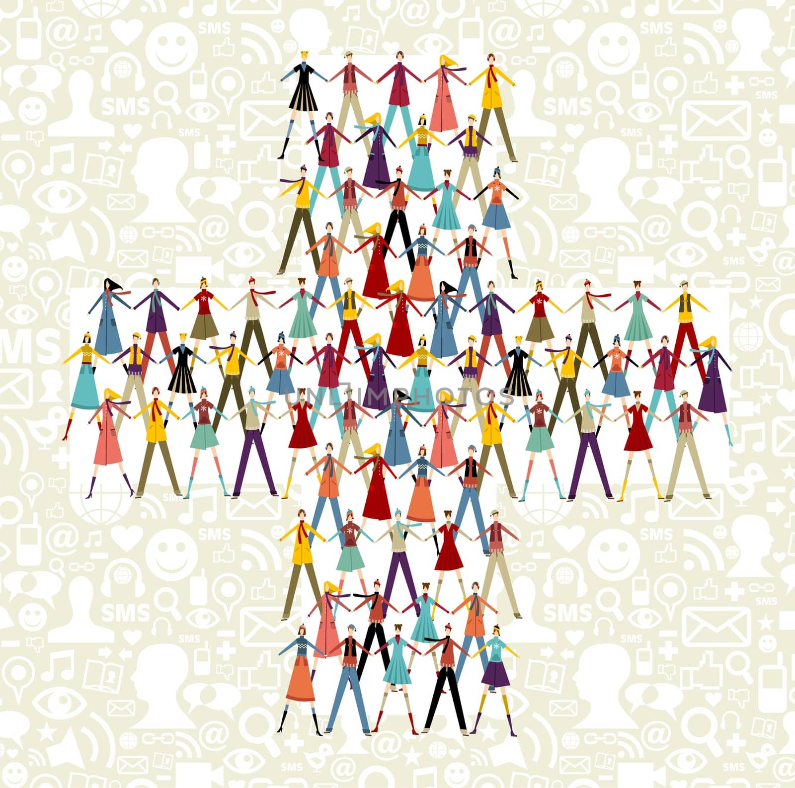 Taked by hands people group in plus symbol shape. Social icons set pattern background.