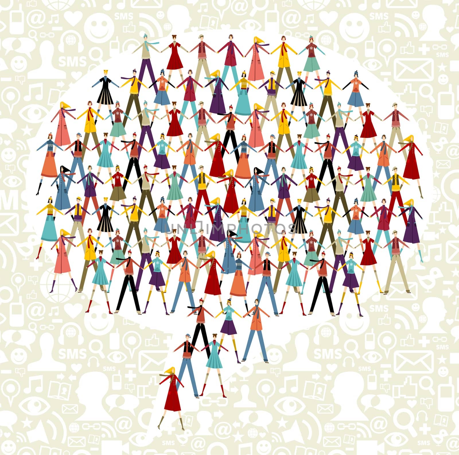 Taked by hands people group in speech bubble shape. Social icons set pattern background.