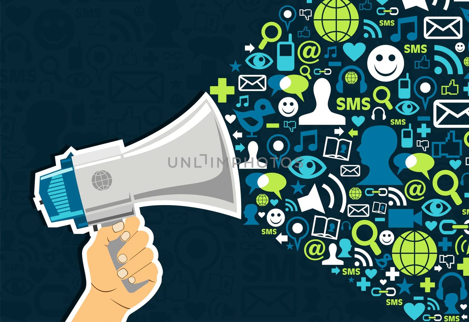Hand holding a megaphone throwing social media icons on blue background.  Vector file available.